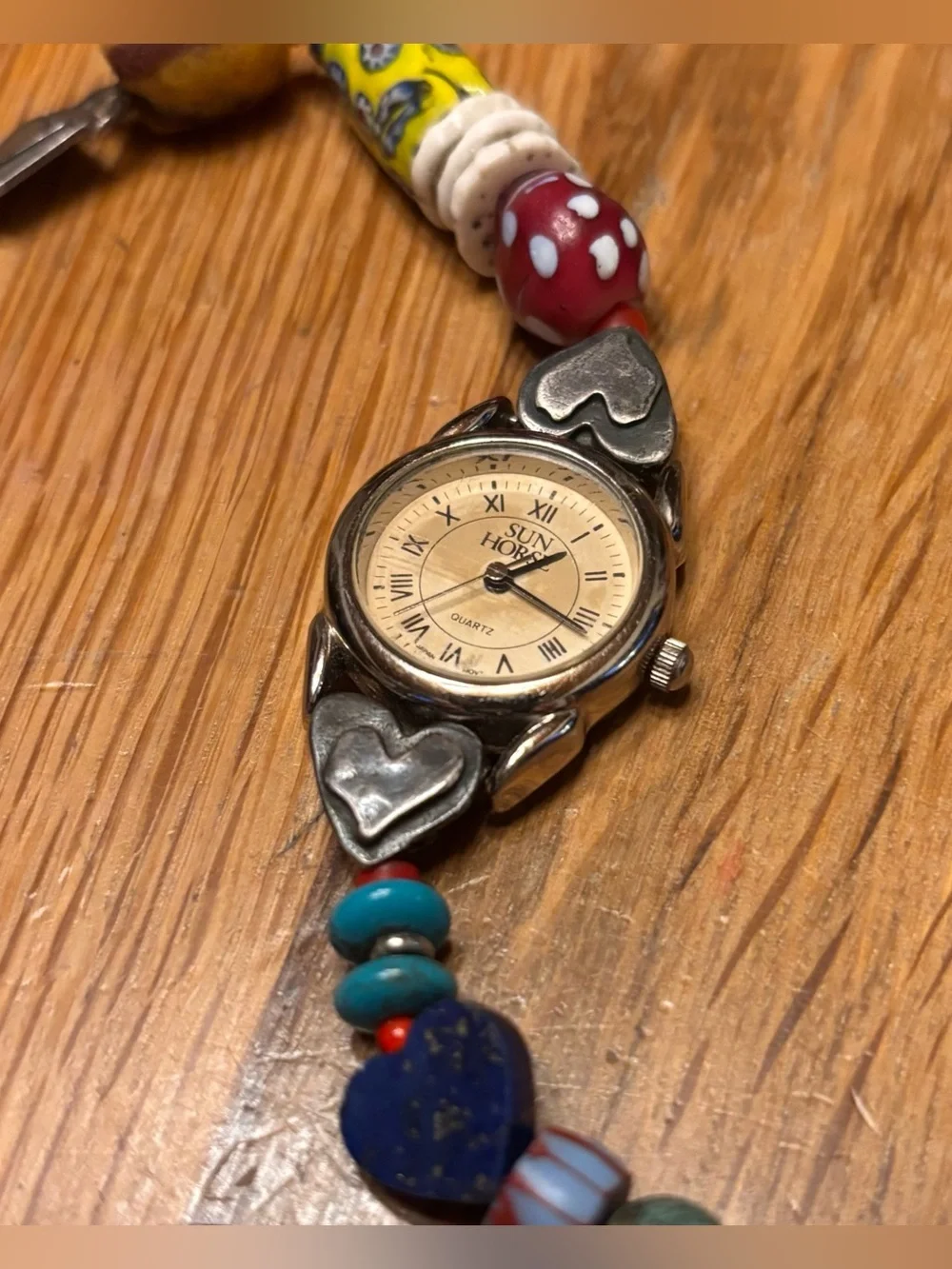 Jes Maharry Silver Heart Women's Bracelet Watch - Sun Horse, Vintage Beads